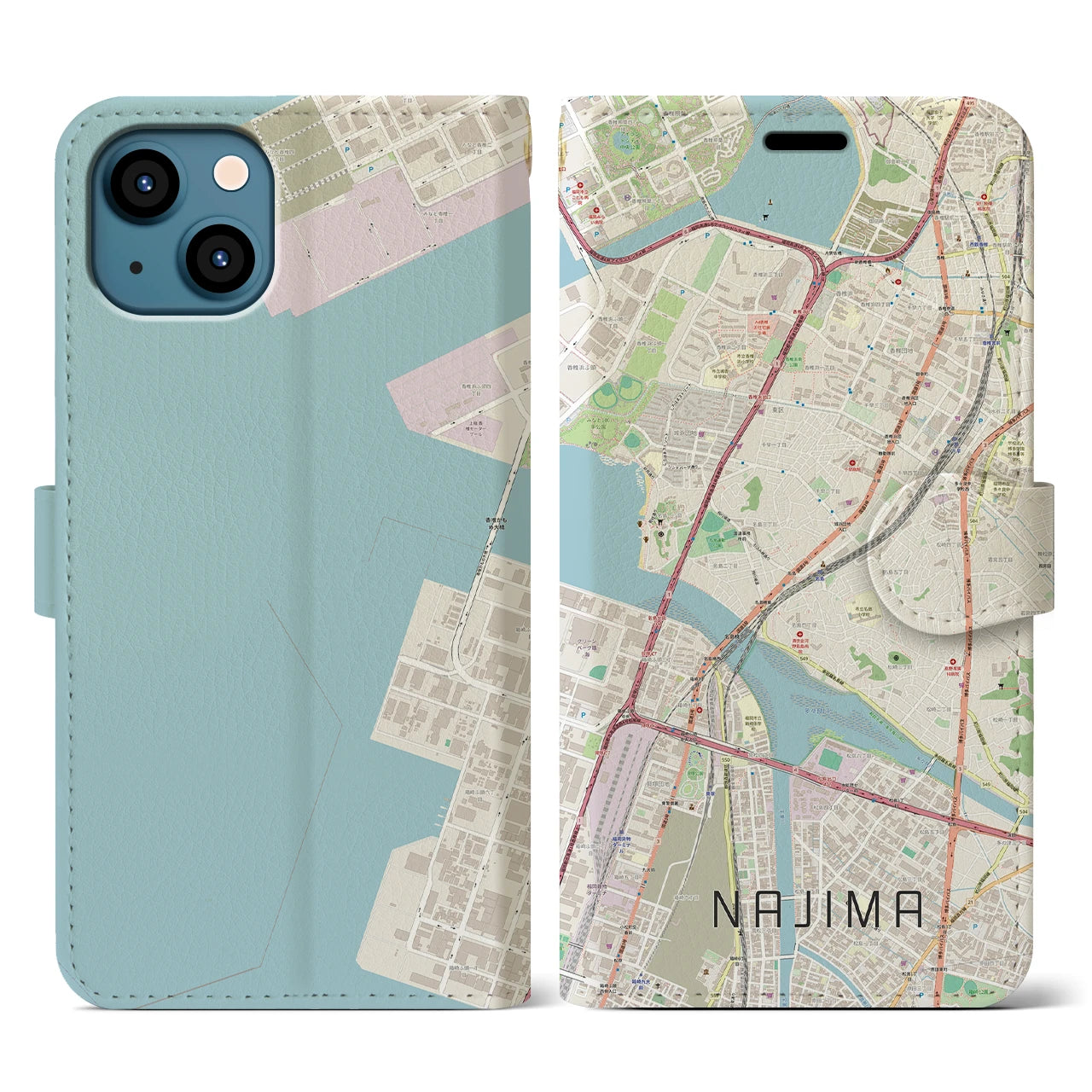 【名島(福岡県)】地図柄iPhoneケース(手帳タイプ)ナチュラル・iPhone 13 用
