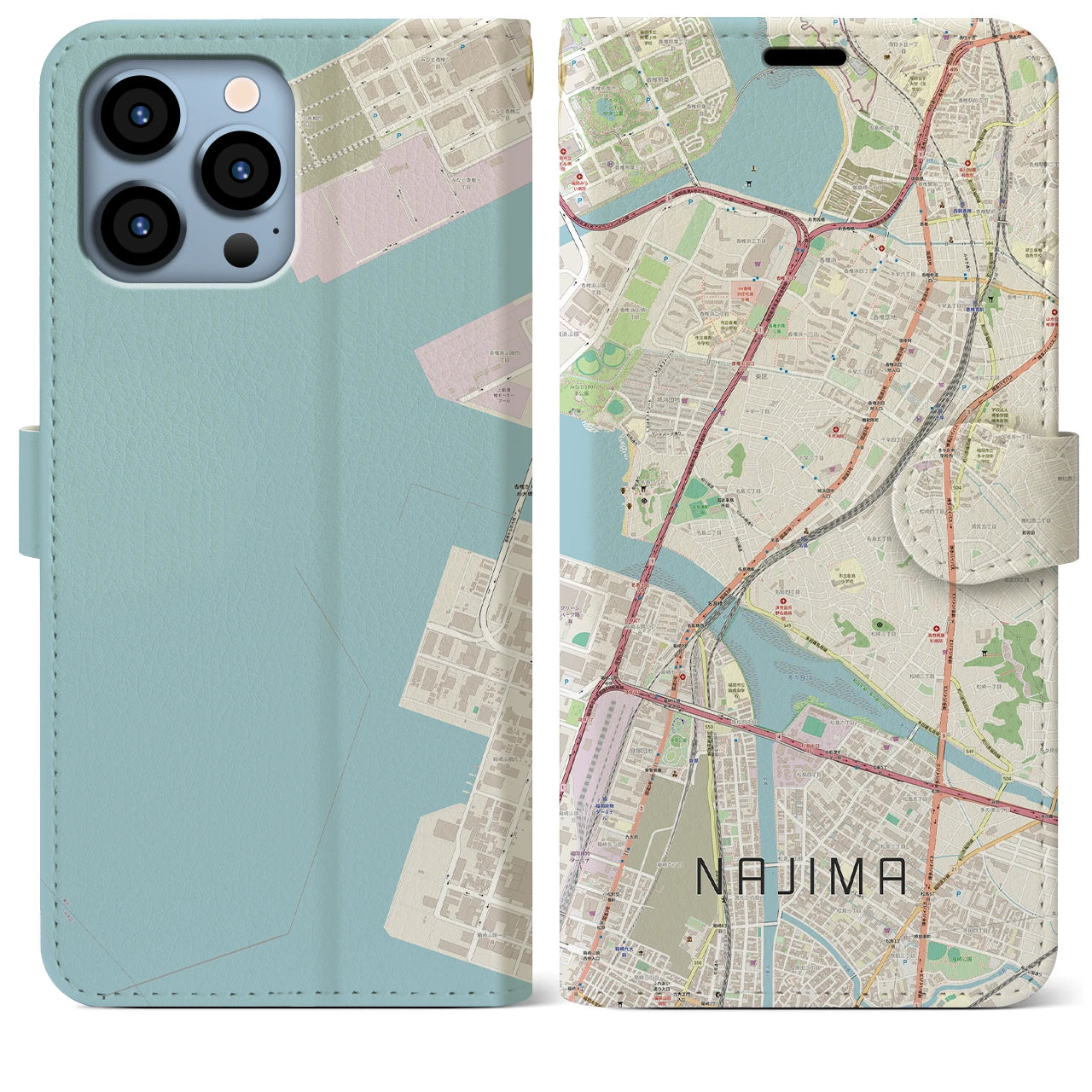 【名島(福岡県)】地図柄iPhoneケース(手帳タイプ)ナチュラル・iPhone 13 Pro Max 用