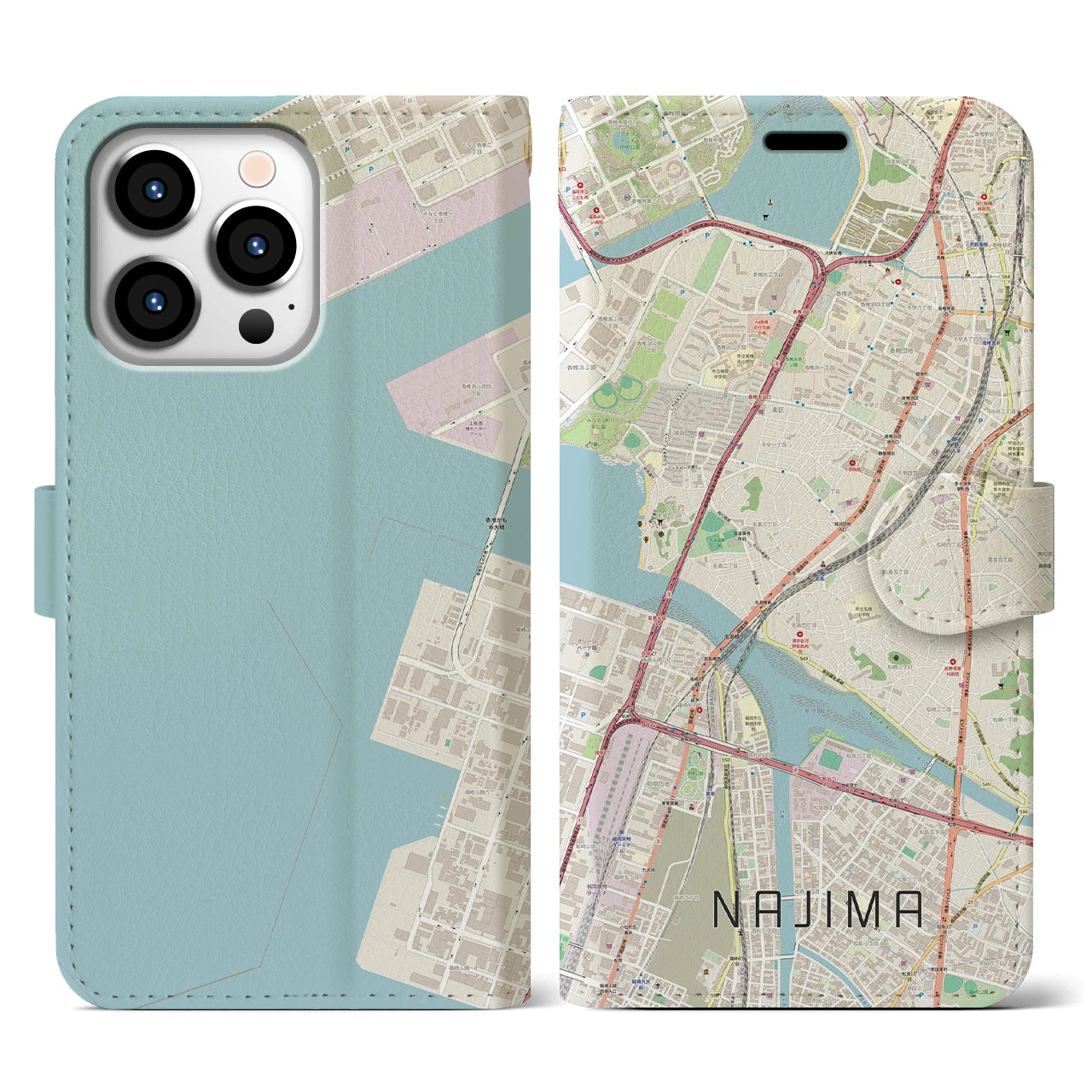 【名島(福岡県)】地図柄iPhoneケース(手帳タイプ)ナチュラル・iPhone 13 Pro 用
