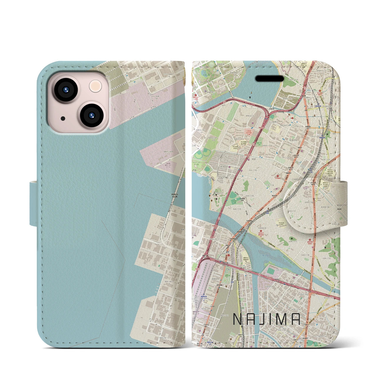 【名島(福岡県)】地図柄iPhoneケース(手帳タイプ)ナチュラル・iPhone 13 mini 用