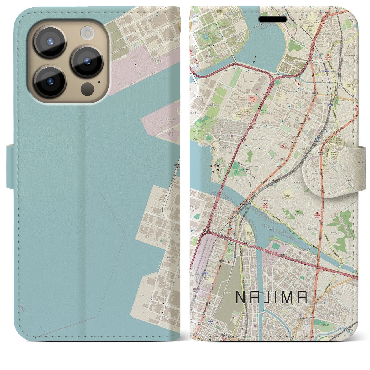 【名島(福岡県)】地図柄iPhoneケース(手帳タイプ)ナチュラル・iPhone 14 Pro Max 用