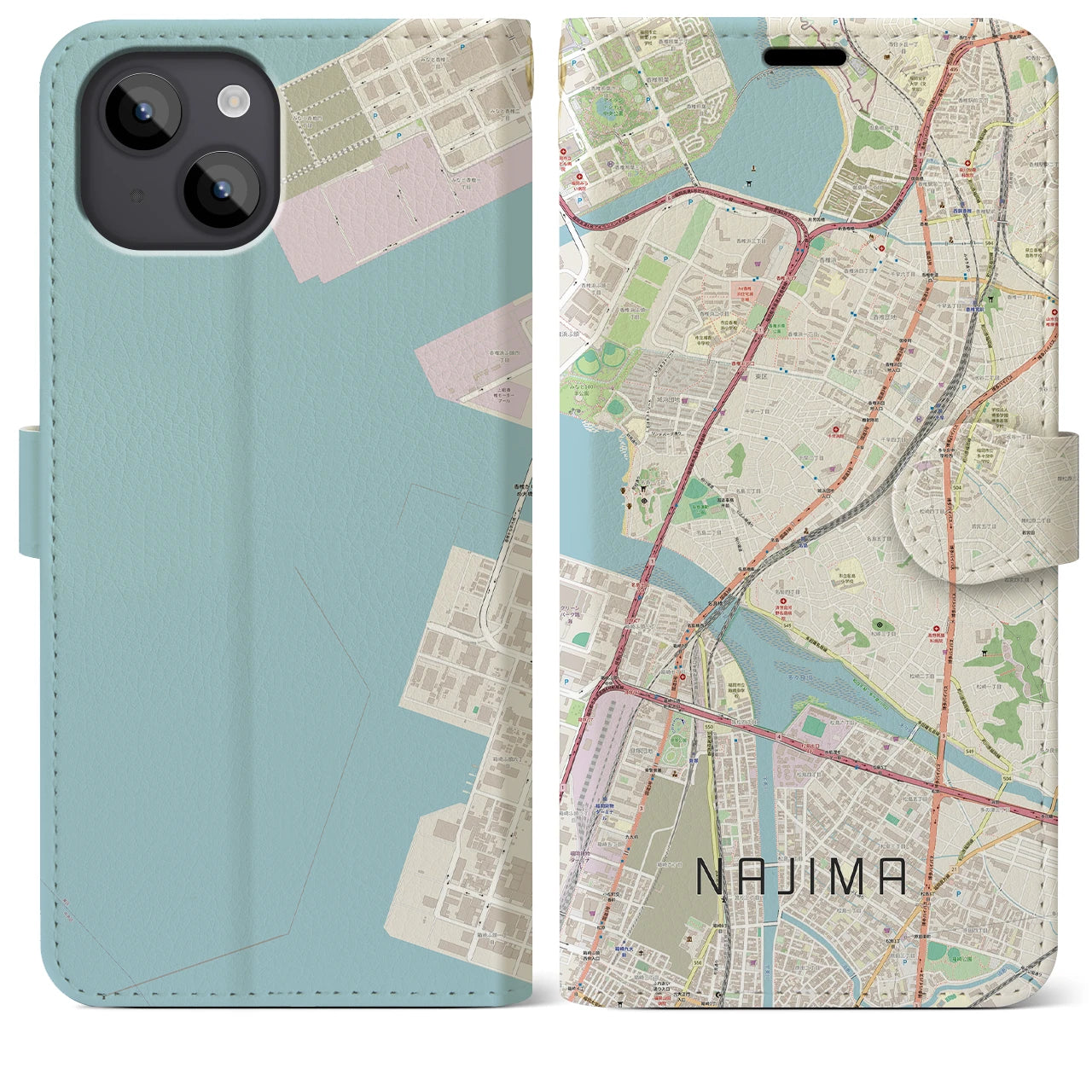 【名島(福岡県)】地図柄iPhoneケース(手帳タイプ)ナチュラル・iPhone 14 Plus 用