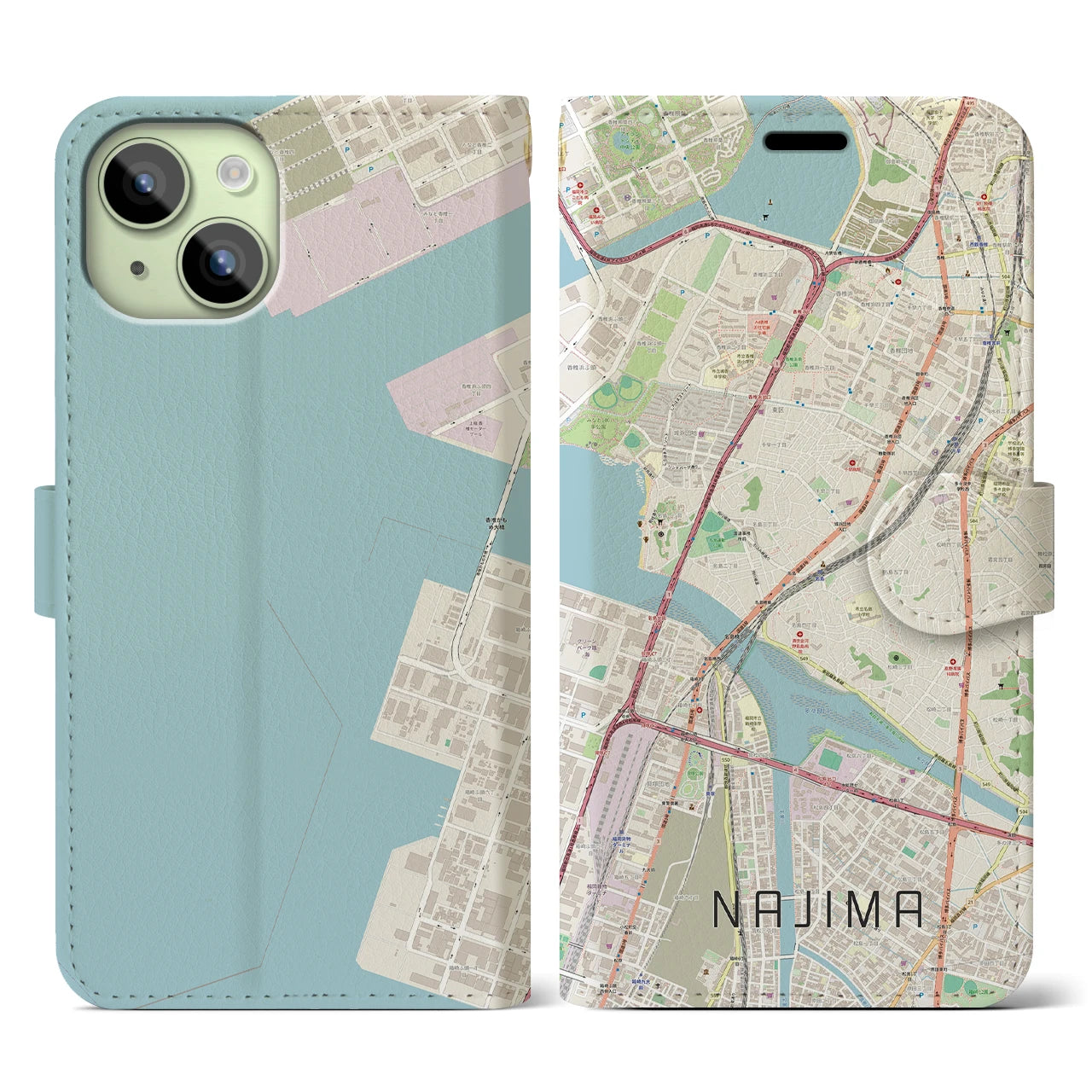 【名島(福岡県)】地図柄iPhoneケース(手帳タイプ)ナチュラル・iPhone 15 用