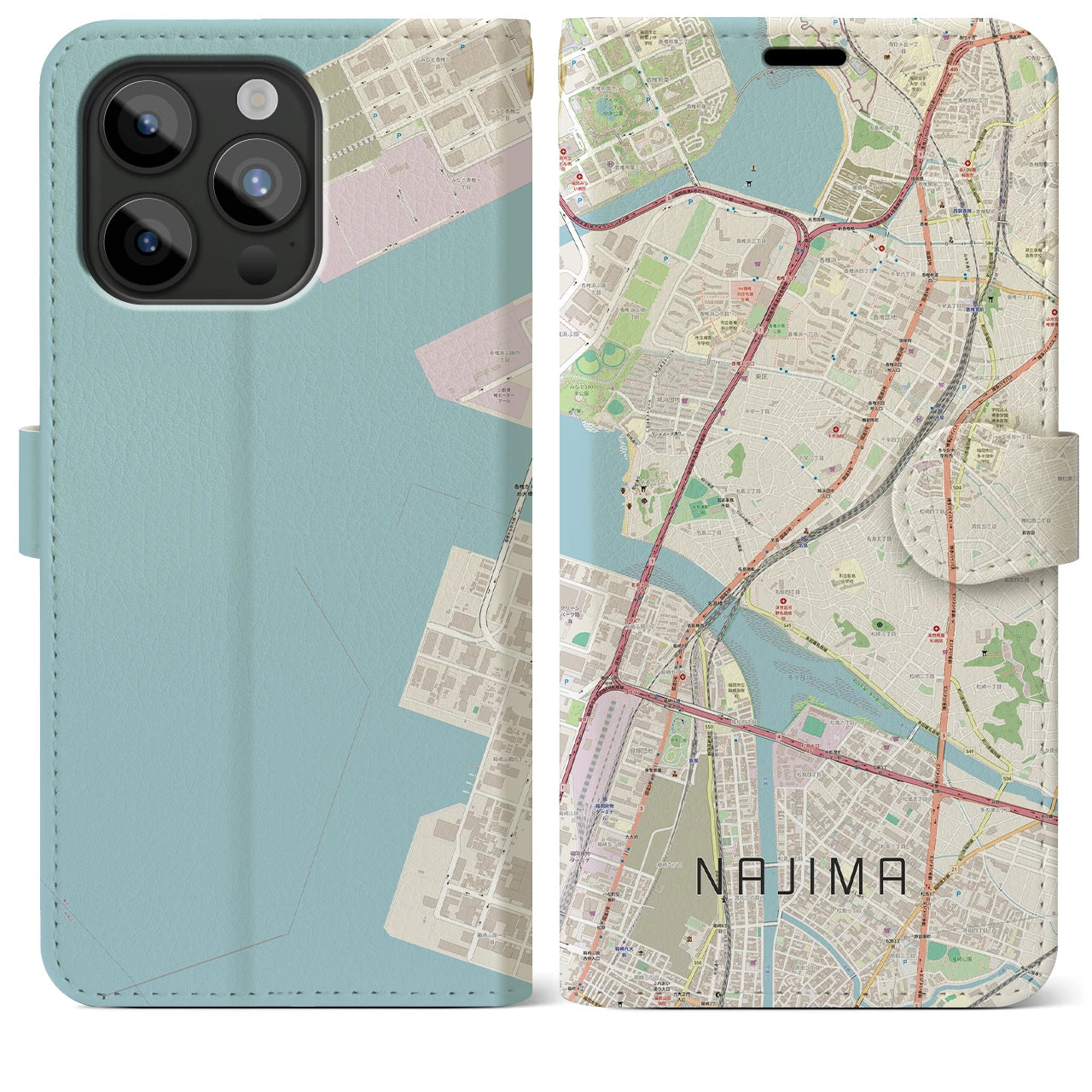 【名島(福岡県)】地図柄iPhoneケース(手帳タイプ)ナチュラル・iPhone 15 Pro Max 用
