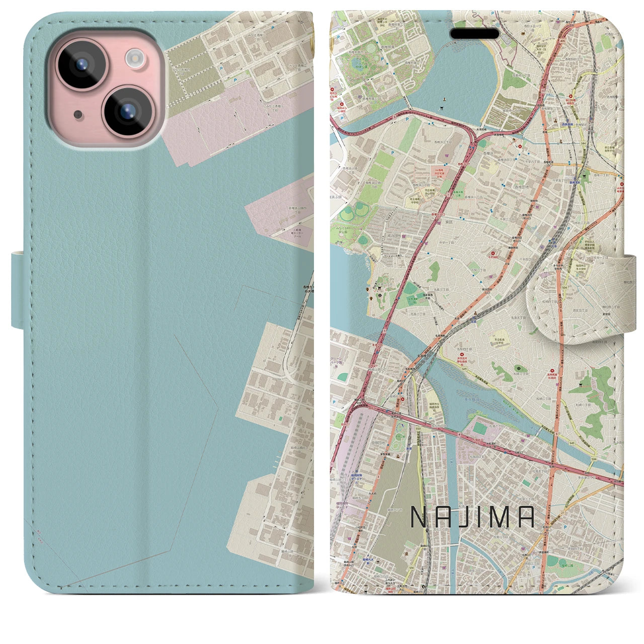 【名島(福岡県)】地図柄iPhoneケース(手帳タイプ)ナチュラル・iPhone 15 Plus 用