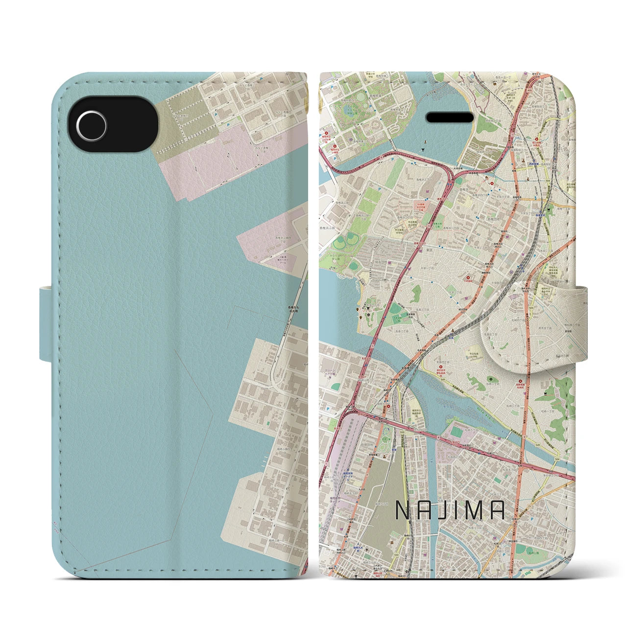 【名島(福岡県)】地図柄iPhoneケース(手帳タイプ)ナチュラル・iPhone SE(第3 / 第2世代) / 8 / 7 / 6s / 6 用