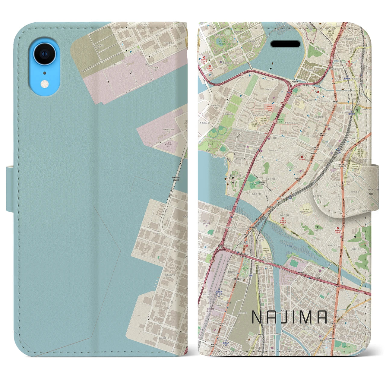 【名島(福岡県)】地図柄iPhoneケース(手帳タイプ)ナチュラル・iPhone XR 用