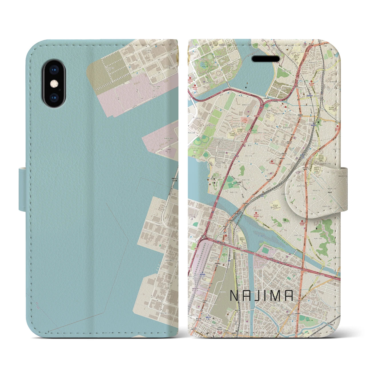 【名島(福岡県)】地図柄iPhoneケース(手帳タイプ)ナチュラル・iPhone XS / X 用