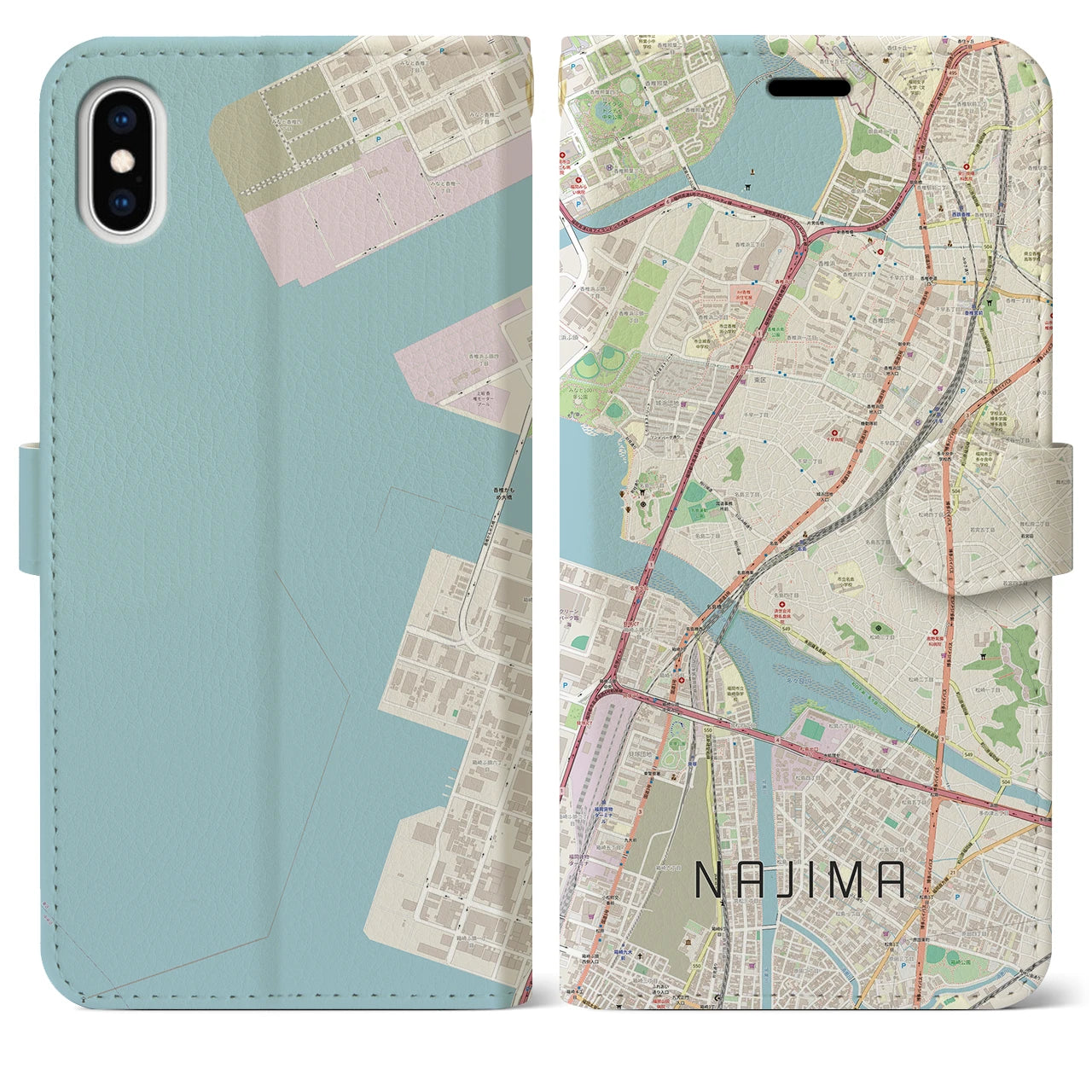 【名島(福岡県)】地図柄iPhoneケース(手帳タイプ)ナチュラル・iPhone XS Max 用