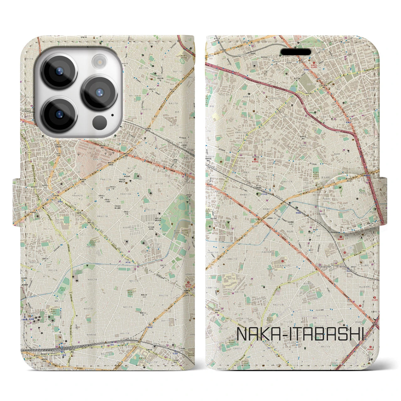 【中板橋(東京都)】地図柄iPhoneケース(手帳タイプ)ナチュラル・iPhone 14 Pro 用