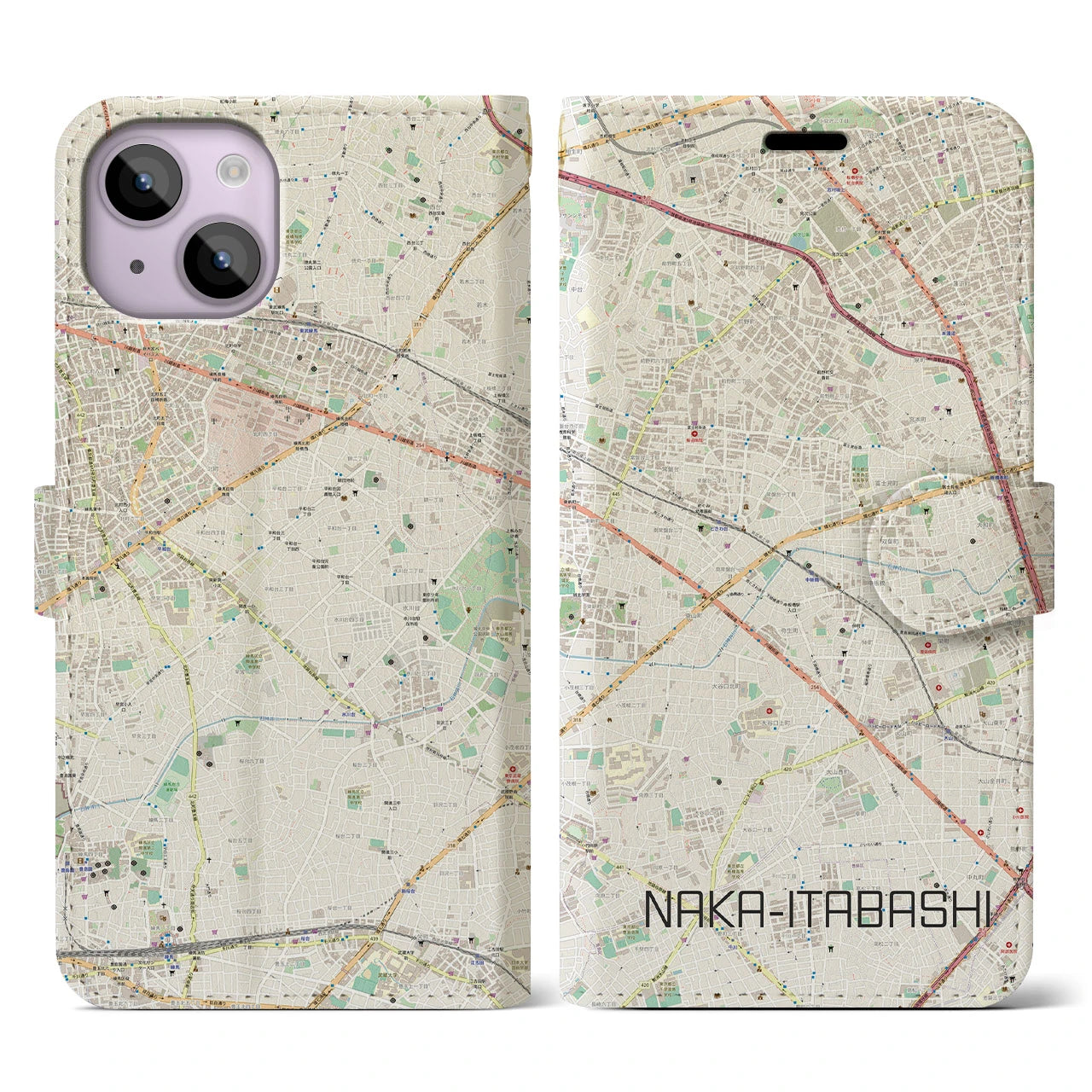 【中板橋(東京都)】地図柄iPhoneケース(手帳タイプ)ナチュラル・iPhone 14 用
