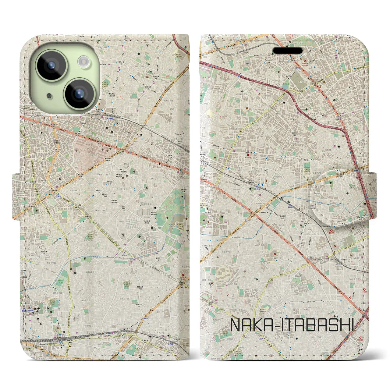 【中板橋(東京都)】地図柄iPhoneケース(手帳タイプ)ナチュラル・iPhone 15 用