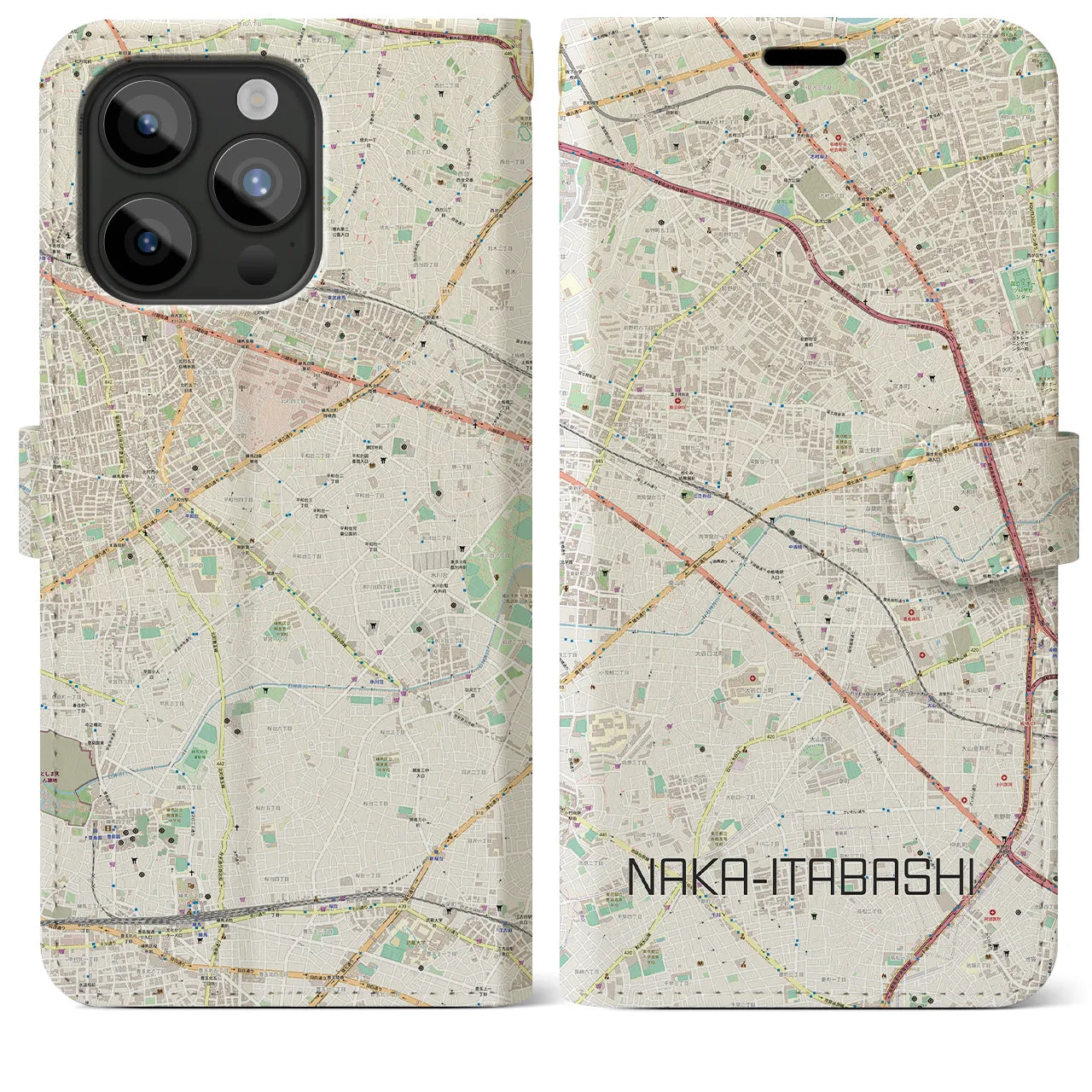 【中板橋(東京都)】地図柄iPhoneケース(手帳タイプ)ナチュラル・iPhone 15 Pro Max 用
