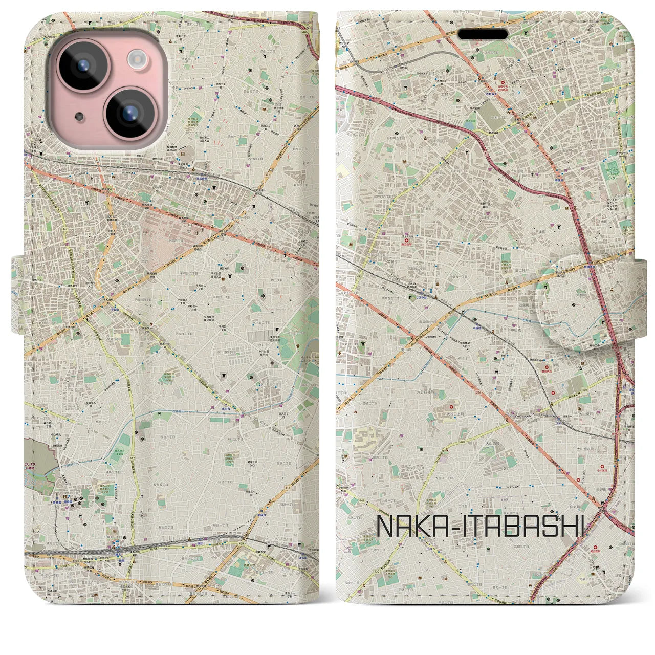 【中板橋(東京都)】地図柄iPhoneケース(手帳タイプ)ナチュラル・iPhone 15 Plus 用