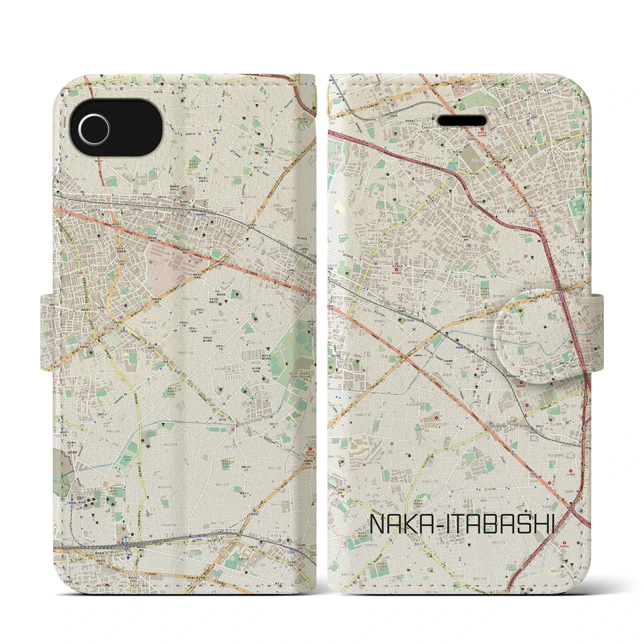 【中板橋(東京都)】地図柄iPhoneケース(手帳タイプ)ナチュラル・iPhone SE(第3 / 第2世代) / 8 / 7 / 6s / 6 用