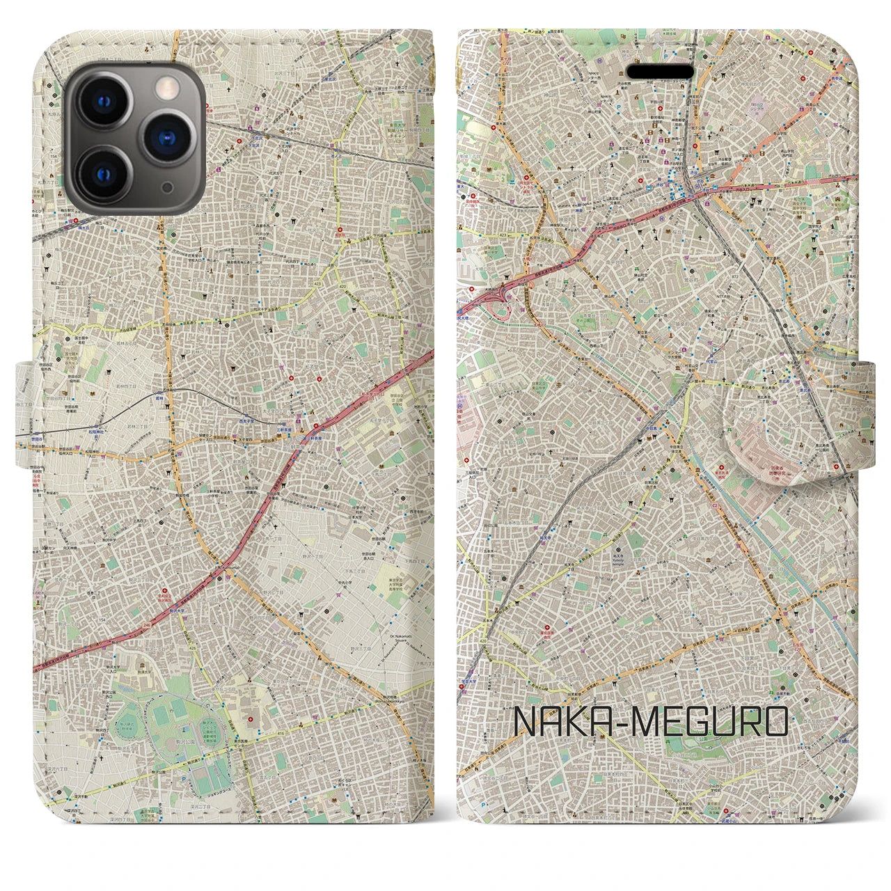 【中目黒(東京都)】地図柄iPhoneケース(手帳タイプ)ナチュラル・iPhone 11 Pro Max 用