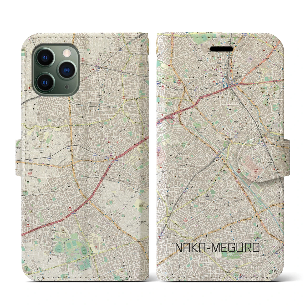 【中目黒(東京都)】地図柄iPhoneケース(手帳タイプ)ナチュラル・iPhone 11 Pro 用