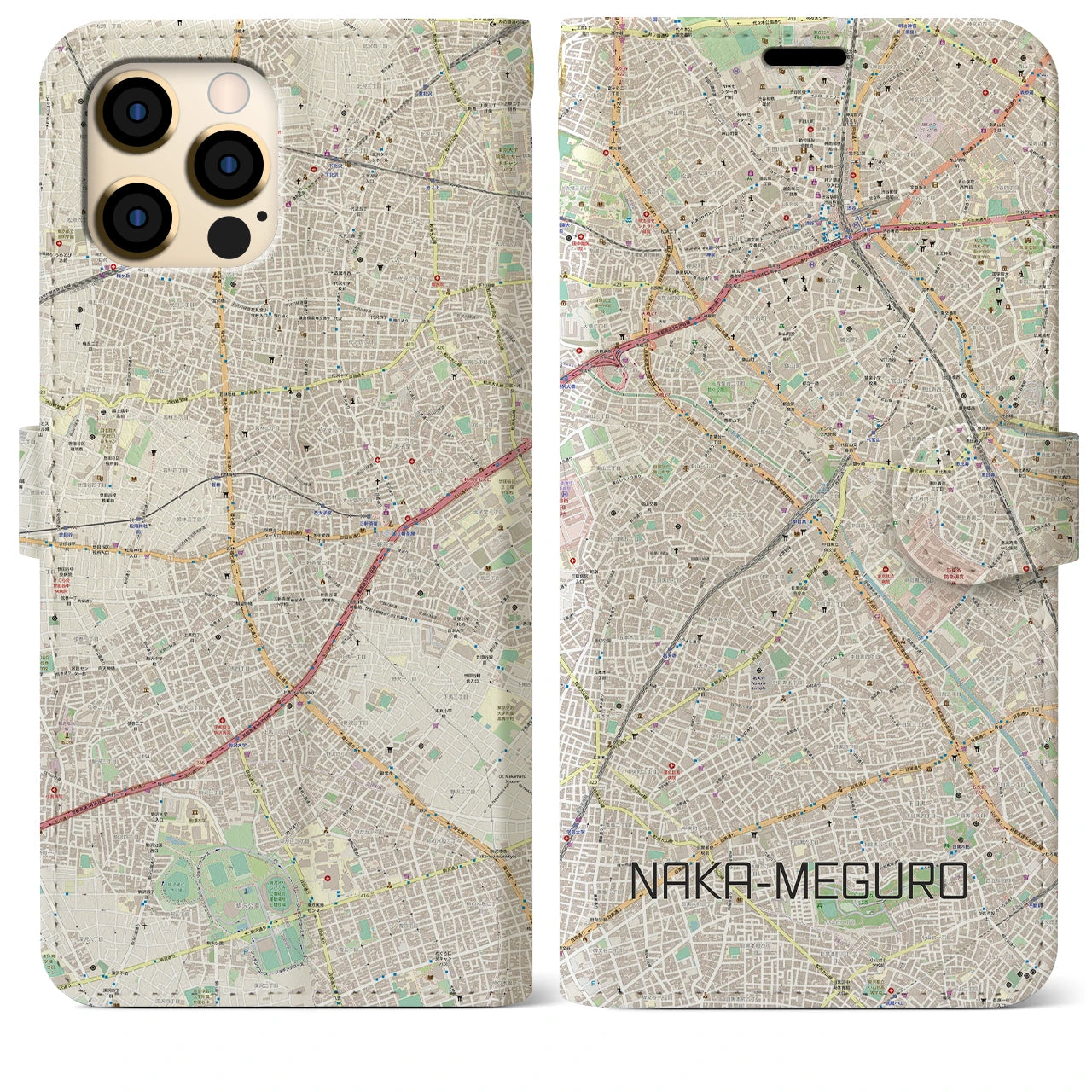 【中目黒(東京都)】地図柄iPhoneケース(手帳タイプ)ナチュラル・iPhone 12 Pro Max 用