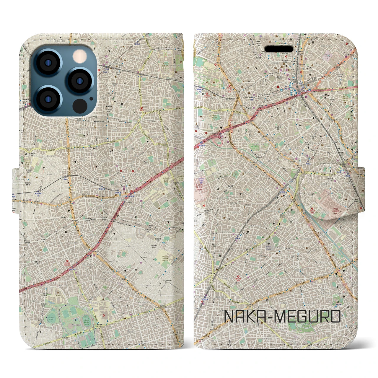 【中目黒(東京都)】地図柄iPhoneケース(手帳タイプ)ナチュラル・iPhone 12 / 12 Pro 用