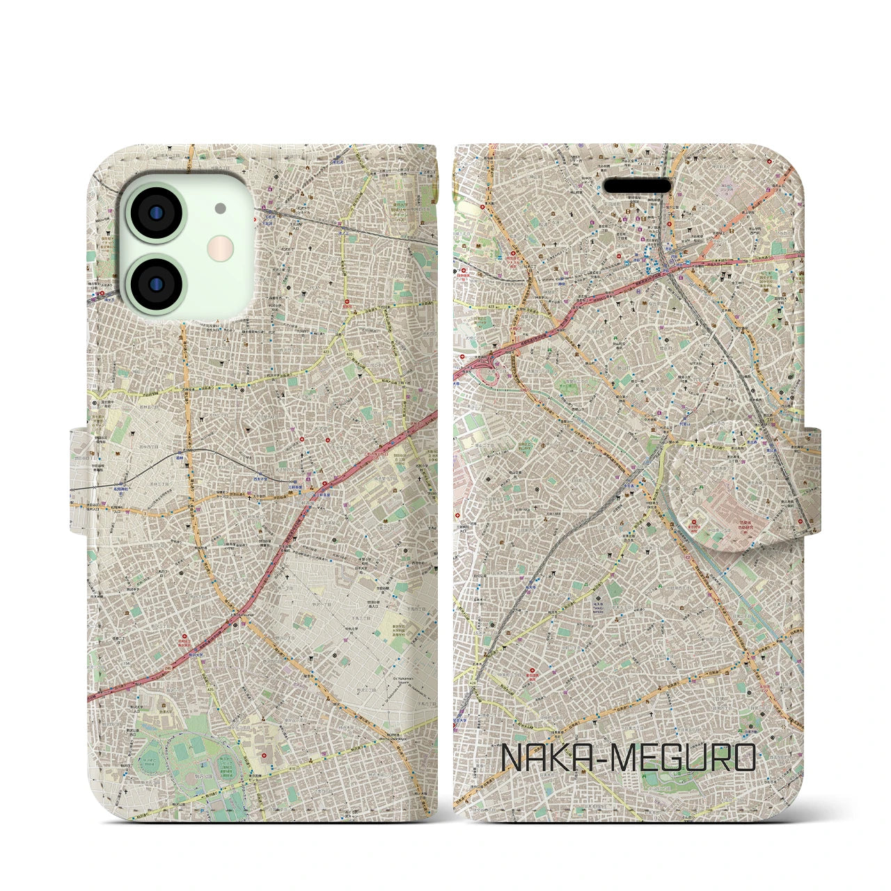 【中目黒(東京都)】地図柄iPhoneケース(手帳タイプ)ナチュラル・iPhone 12 mini 用