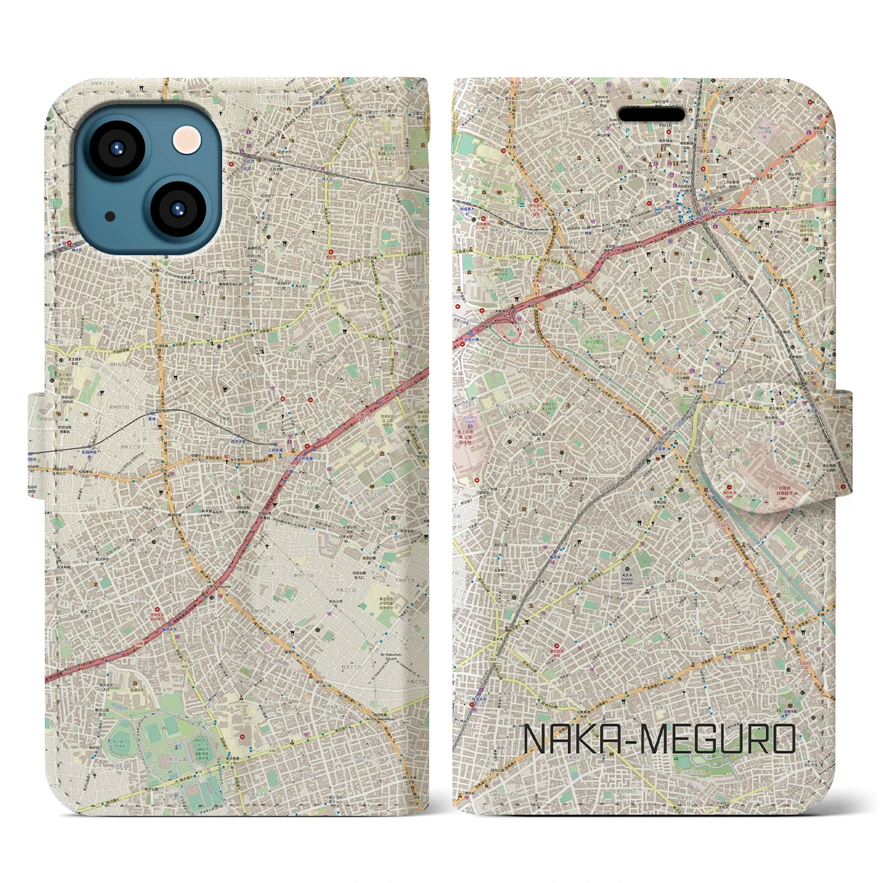 【中目黒(東京都)】地図柄iPhoneケース(手帳タイプ)ナチュラル・iPhone 13 用