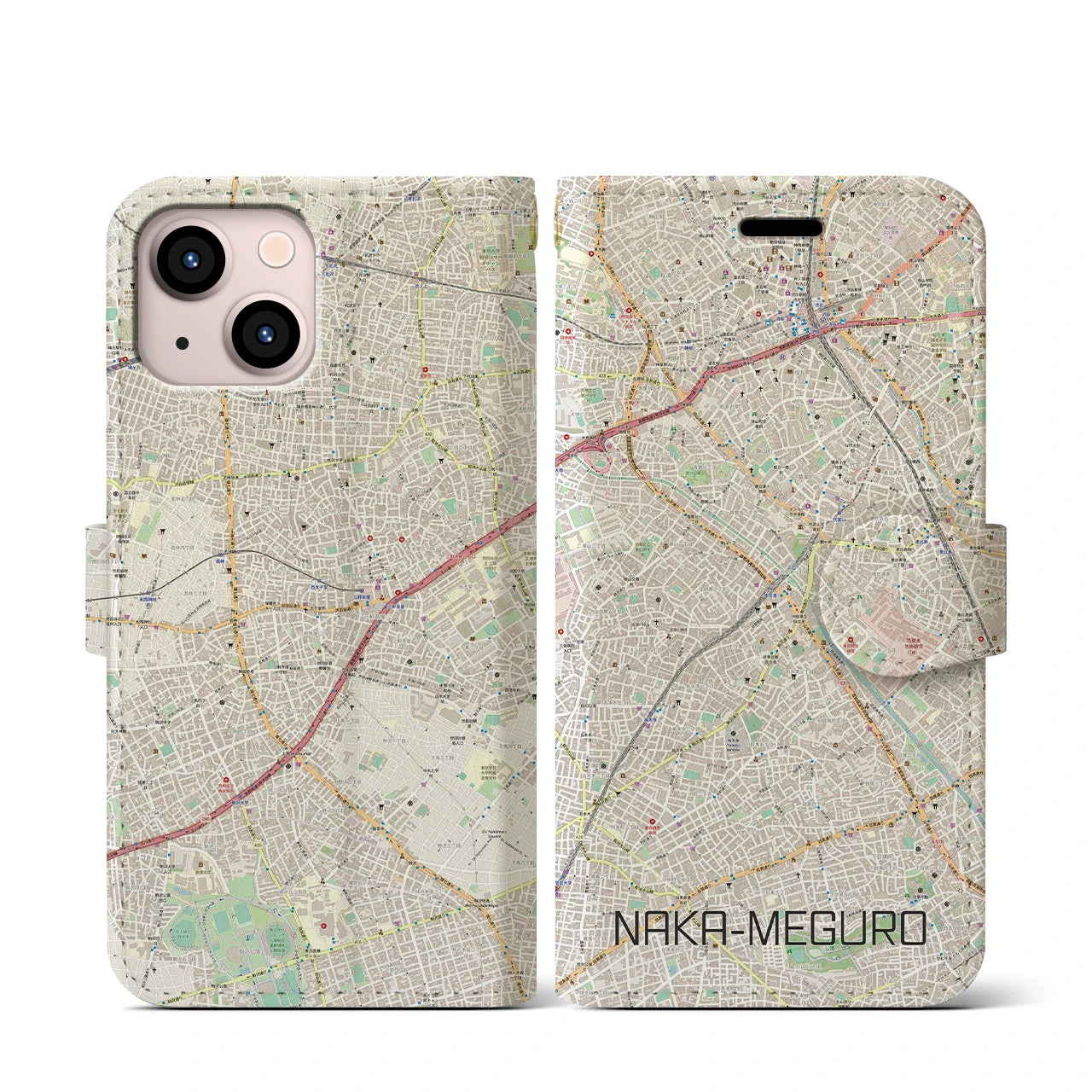 【中目黒(東京都)】地図柄iPhoneケース(手帳タイプ)ナチュラル・iPhone 13 mini 用