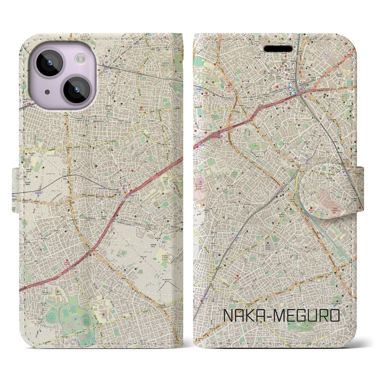 【中目黒(東京都)】地図柄iPhoneケース(手帳タイプ)ナチュラル・iPhone 14 用