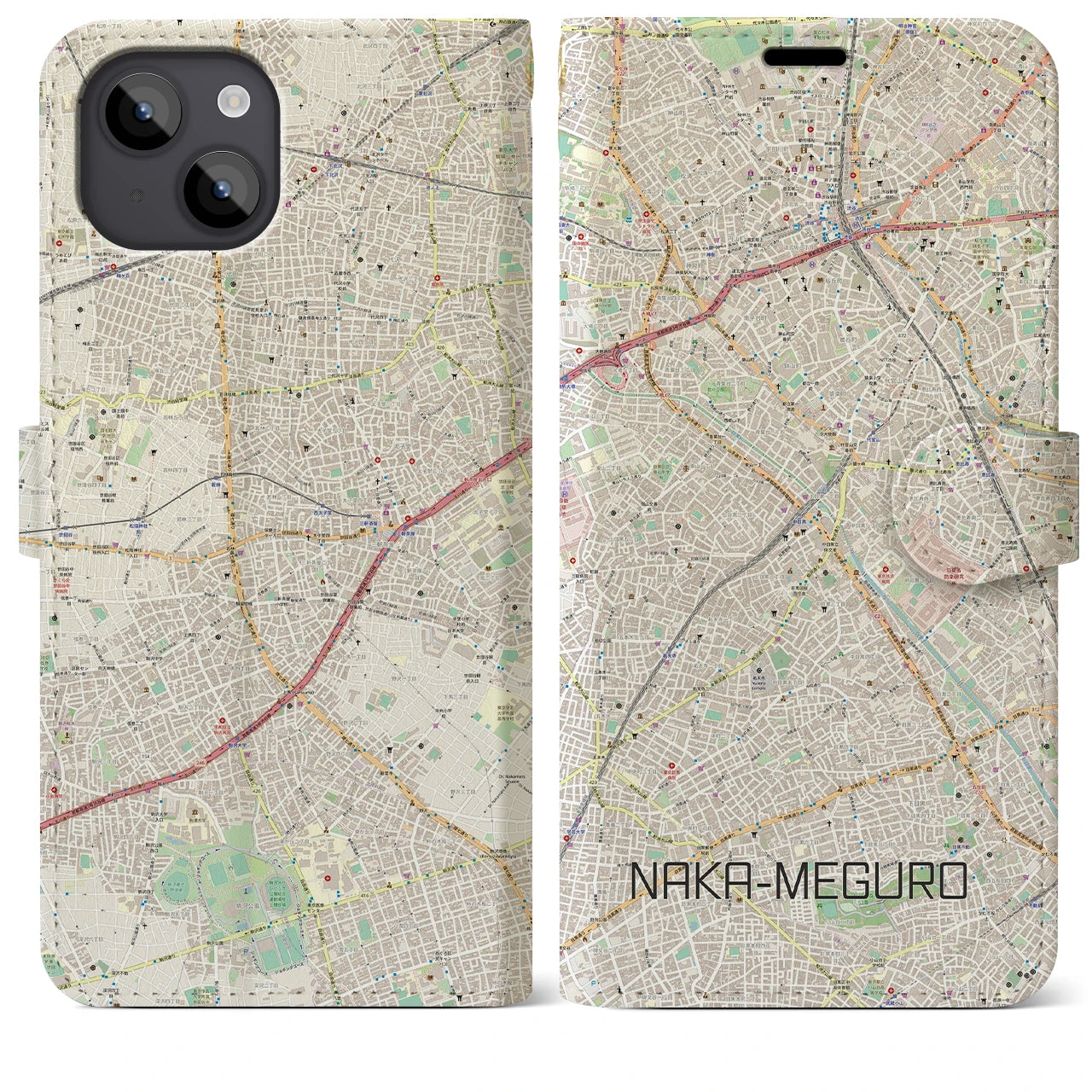 【中目黒(東京都)】地図柄iPhoneケース(手帳タイプ)ナチュラル・iPhone 14 Plus 用