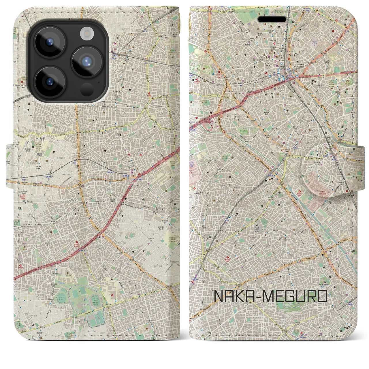 【中目黒(東京都)】地図柄iPhoneケース(手帳タイプ)ナチュラル・iPhone 15 Pro Max 用