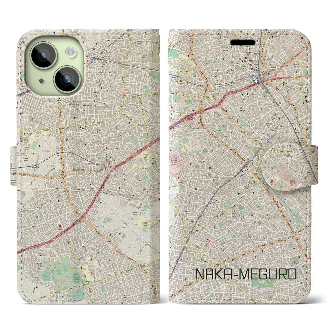 【中目黒(東京都)】地図柄iPhoneケース(手帳タイプ)ナチュラル・iPhone 15 用