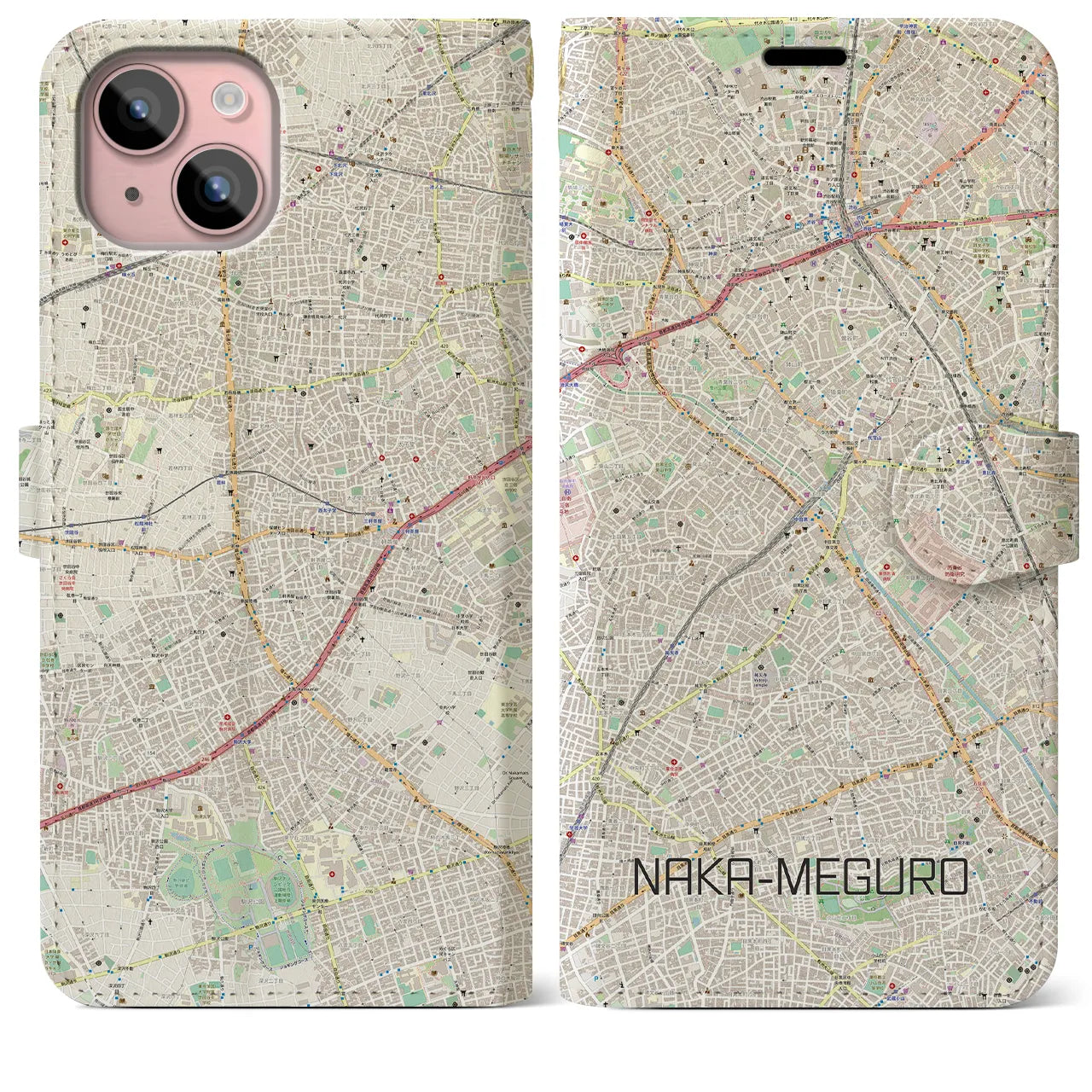 【中目黒(東京都)】地図柄iPhoneケース(手帳タイプ)ナチュラル・iPhone 15 Plus 用