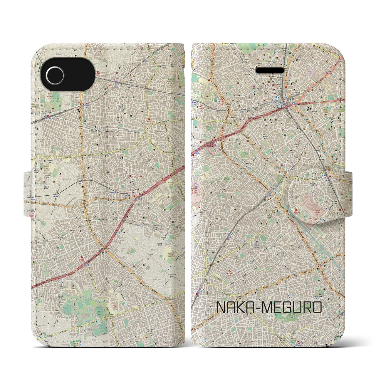 【中目黒(東京都)】地図柄iPhoneケース(手帳タイプ)ナチュラル・iPhone SE(第3 / 第2世代) / 8 / 7 / 6s / 6 用