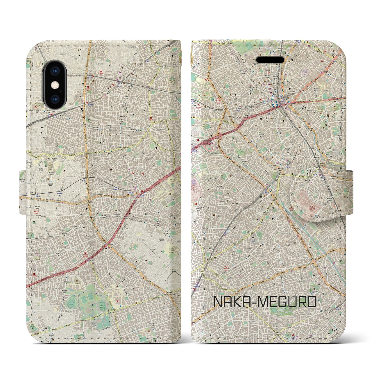 【中目黒(東京都)】地図柄iPhoneケース(手帳タイプ)ナチュラル・iPhone XS / X 用