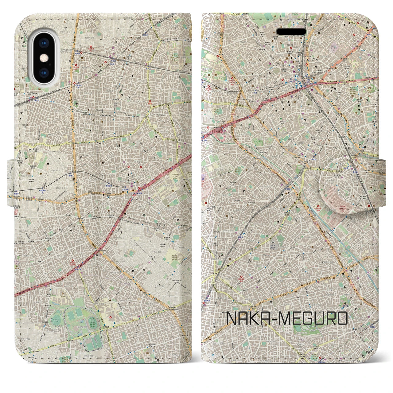 【中目黒(東京都)】地図柄iPhoneケース(手帳タイプ)ナチュラル・iPhone XS Max 用