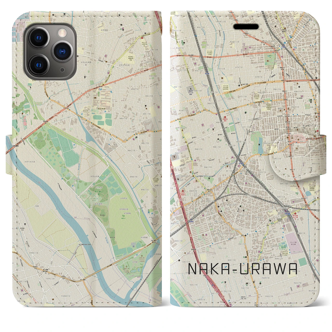 【中浦和(埼玉県)】地図柄iPhoneケース(手帳タイプ)ナチュラル・iPhone 11 Pro Max 用