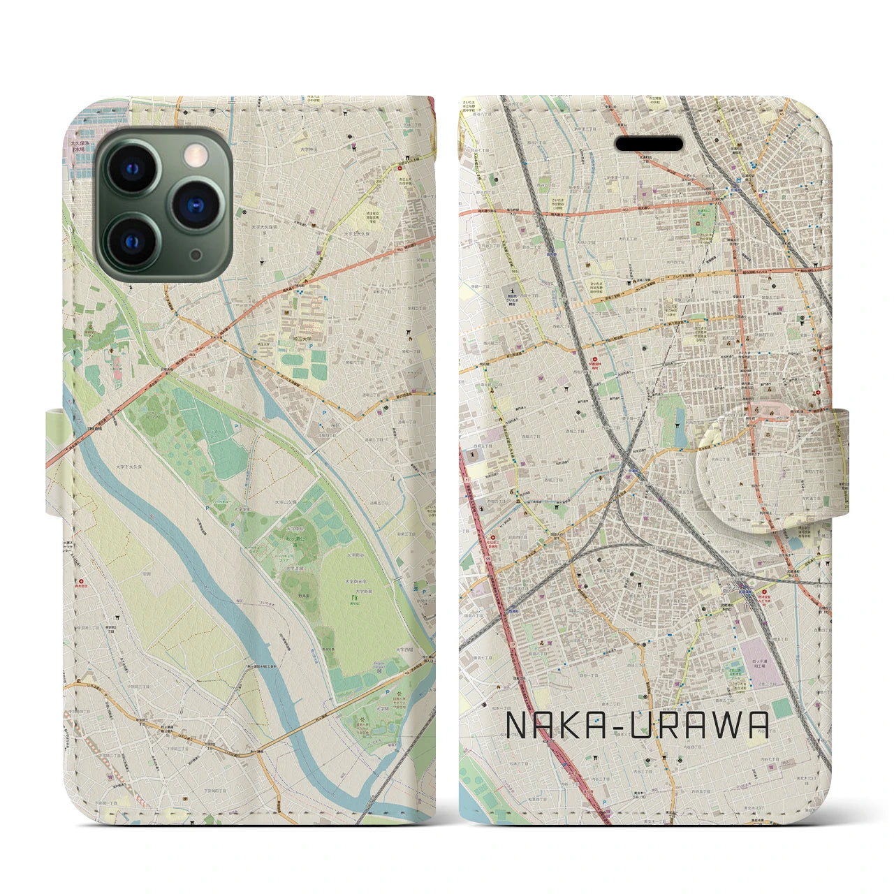 【中浦和(埼玉県)】地図柄iPhoneケース(手帳タイプ)ナチュラル・iPhone 11 Pro 用