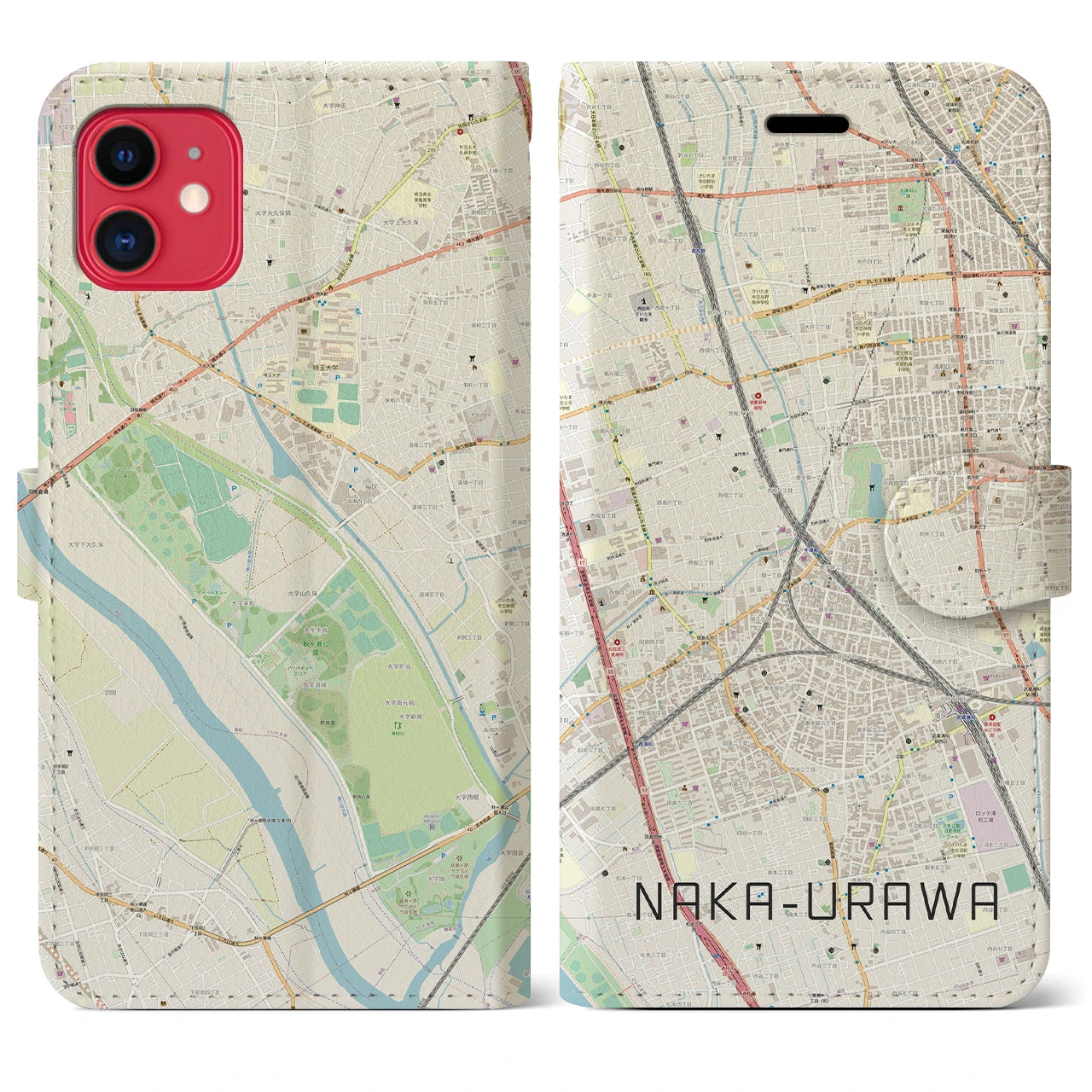 【中浦和(埼玉県)】地図柄iPhoneケース(手帳タイプ)ナチュラル・iPhone 11 用