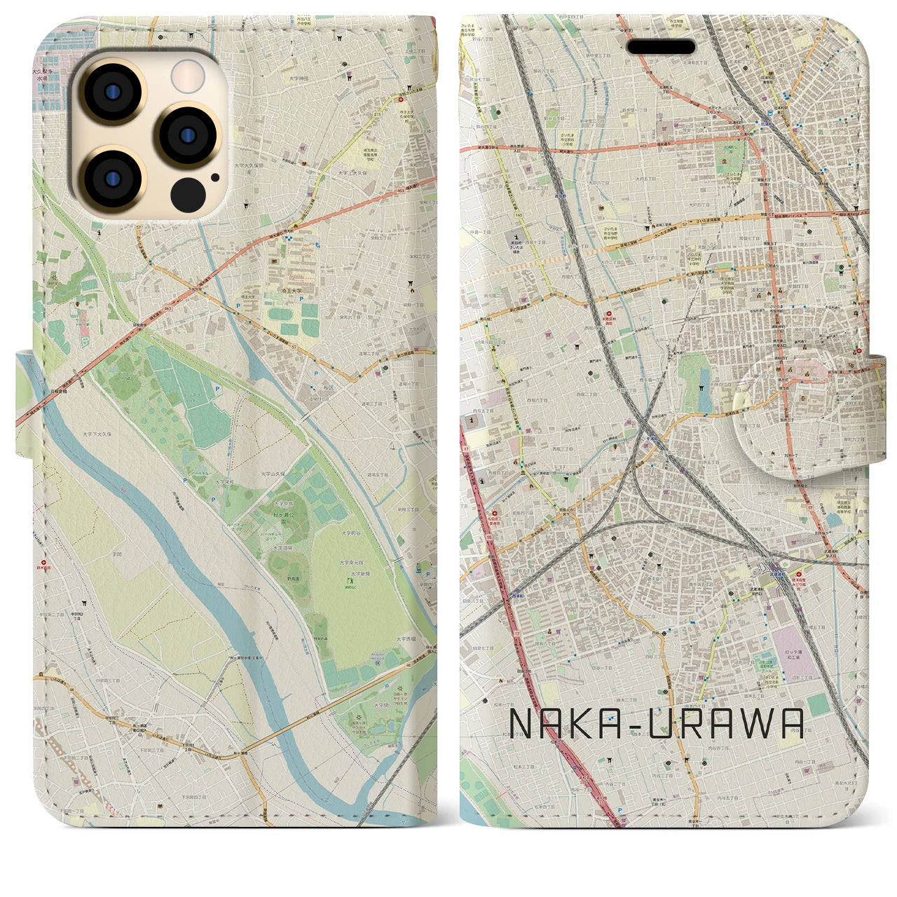 【中浦和(埼玉県)】地図柄iPhoneケース(手帳タイプ)ナチュラル・iPhone 12 Pro Max 用