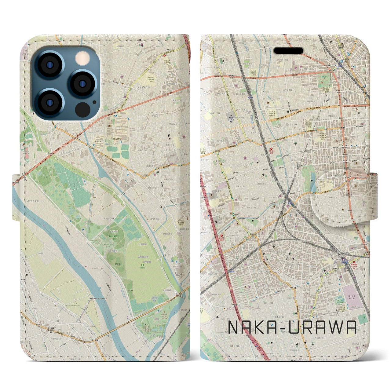 【中浦和(埼玉県)】地図柄iPhoneケース(手帳タイプ)ナチュラル・iPhone 12 / 12 Pro 用