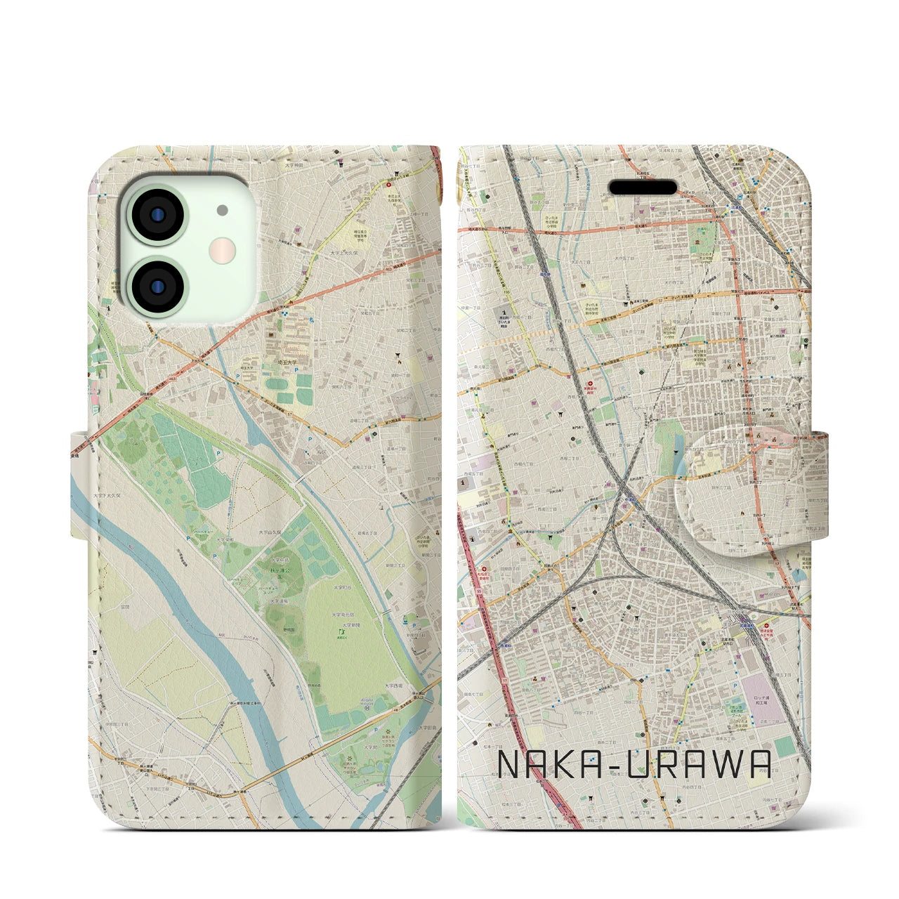 【中浦和(埼玉県)】地図柄iPhoneケース(手帳タイプ)ナチュラル・iPhone 12 mini 用