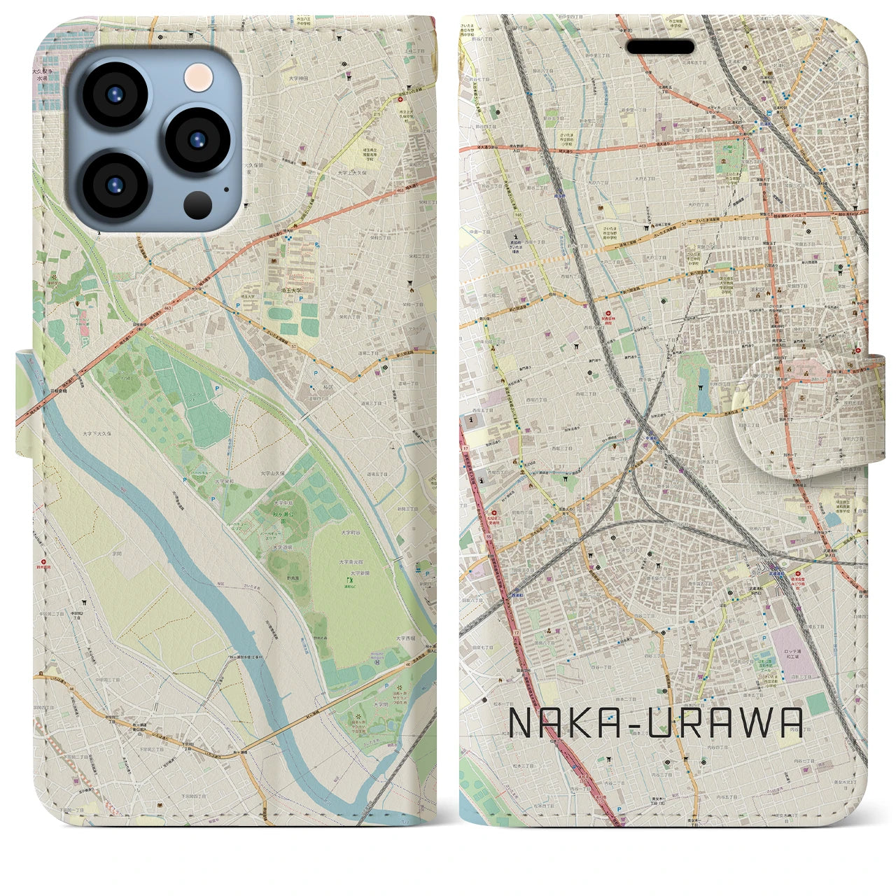 【中浦和(埼玉県)】地図柄iPhoneケース(手帳タイプ)ナチュラル・iPhone 13 Pro Max 用