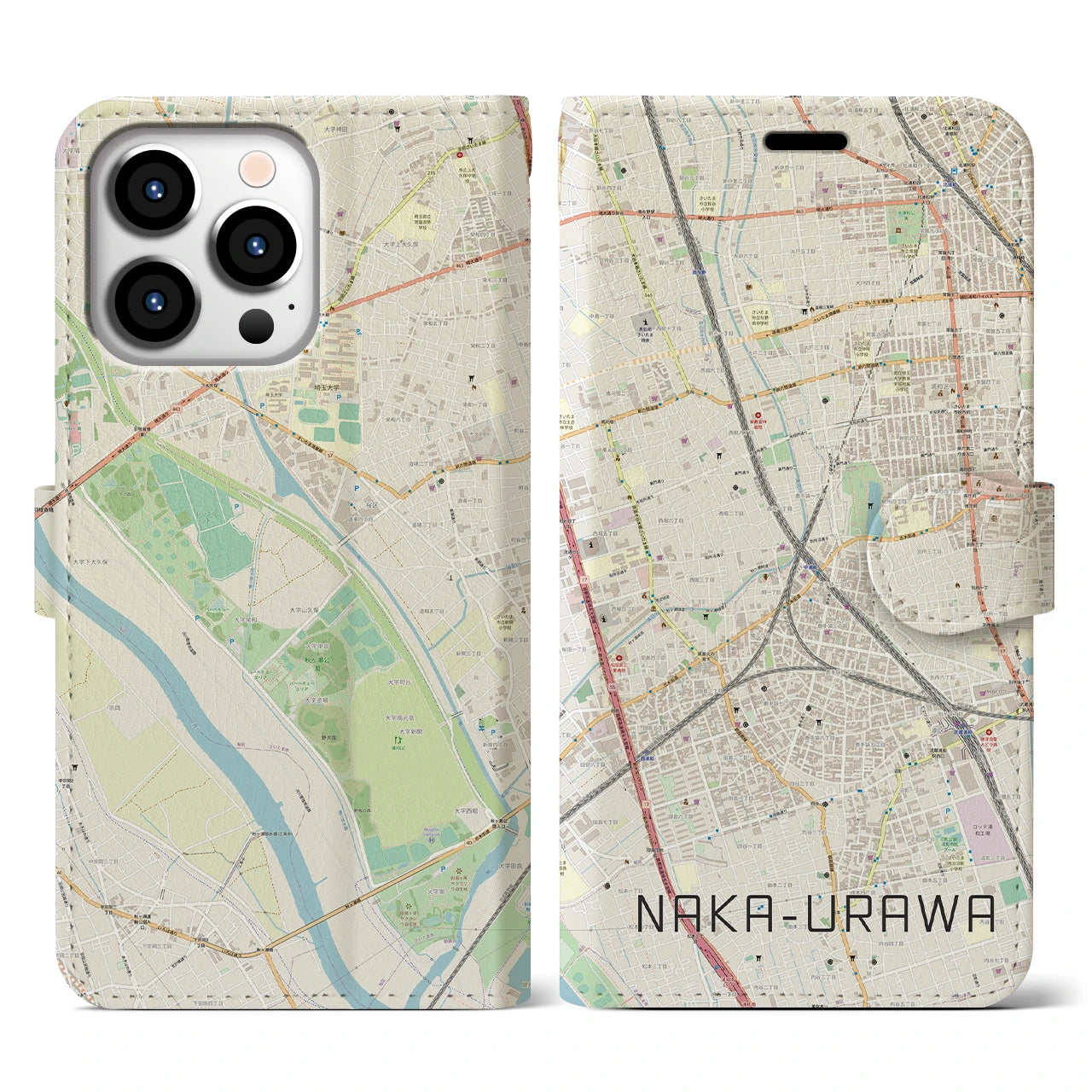 【中浦和(埼玉県)】地図柄iPhoneケース(手帳タイプ)ナチュラル・iPhone 13 Pro 用