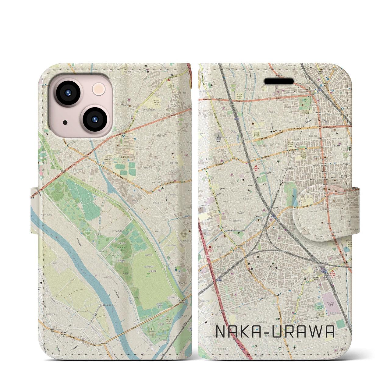【中浦和(埼玉県)】地図柄iPhoneケース(手帳タイプ)ナチュラル・iPhone 13 mini 用