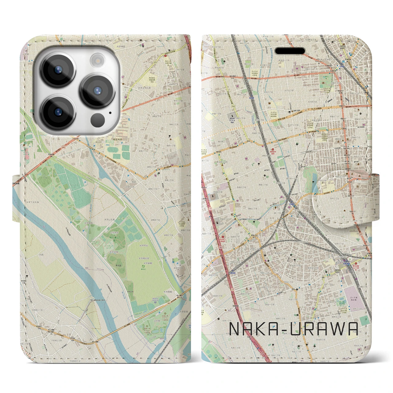 【中浦和(埼玉県)】地図柄iPhoneケース(手帳タイプ)ナチュラル・iPhone 14 Pro 用