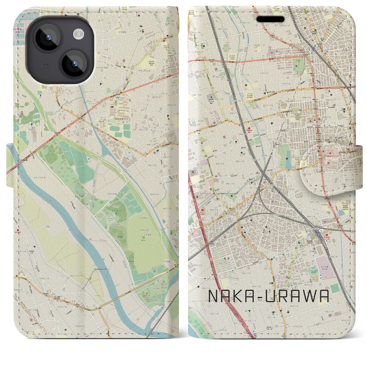 【中浦和(埼玉県)】地図柄iPhoneケース(手帳タイプ)ナチュラル・iPhone 14 Plus 用