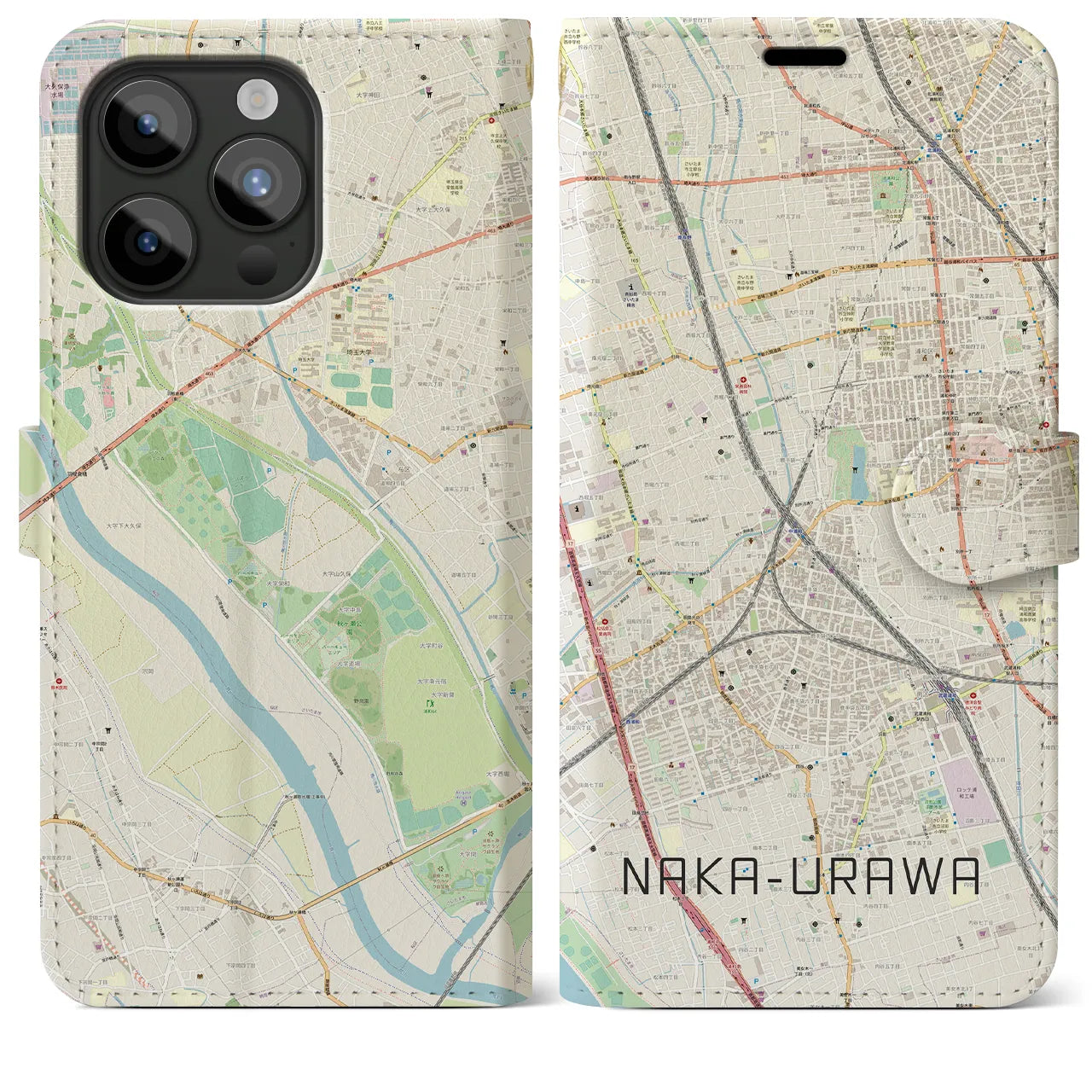 【中浦和(埼玉県)】地図柄iPhoneケース(手帳タイプ)ナチュラル・iPhone 15 Pro Max 用