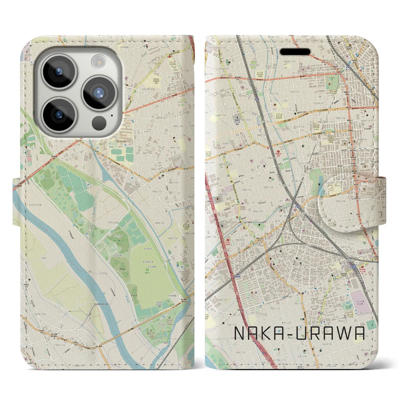 【中浦和(埼玉県)】地図柄iPhoneケース(手帳タイプ)ナチュラル・iPhone 15 Pro 用
