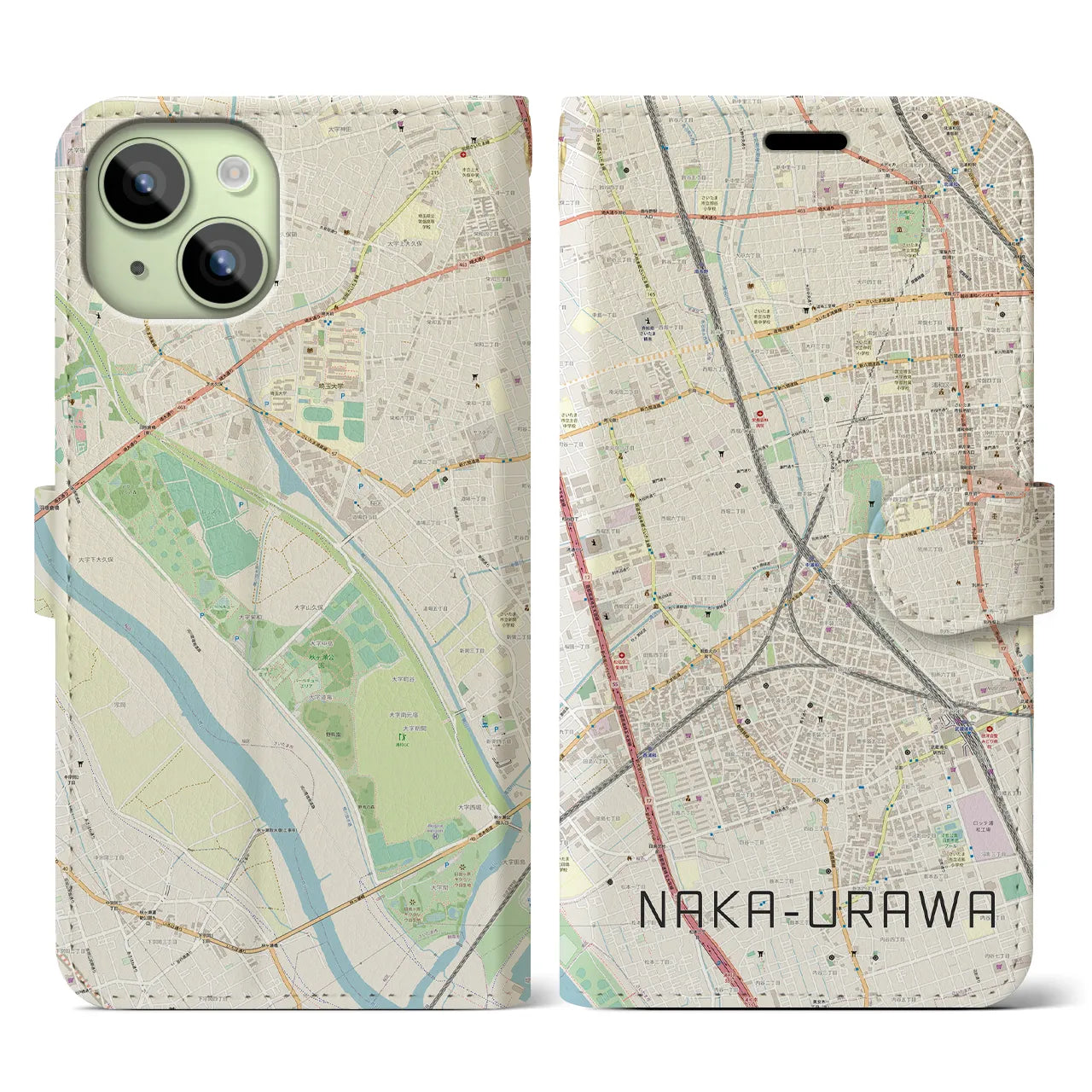 【中浦和(埼玉県)】地図柄iPhoneケース(手帳タイプ)ナチュラル・iPhone 15 用