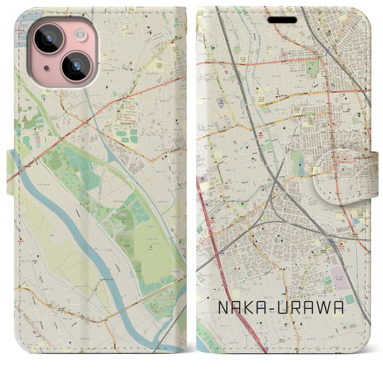 【中浦和(埼玉県)】地図柄iPhoneケース(手帳タイプ)ナチュラル・iPhone 15 Plus 用