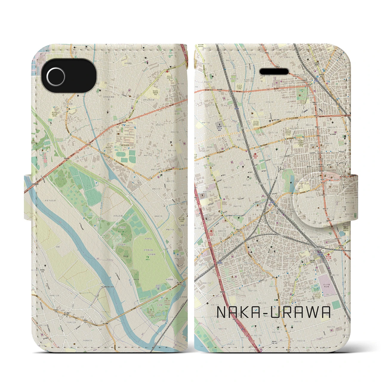 【中浦和(埼玉県)】地図柄iPhoneケース(手帳タイプ)ナチュラル・iPhone SE(第3 / 第2世代) / 8 / 7 / 6s / 6 用